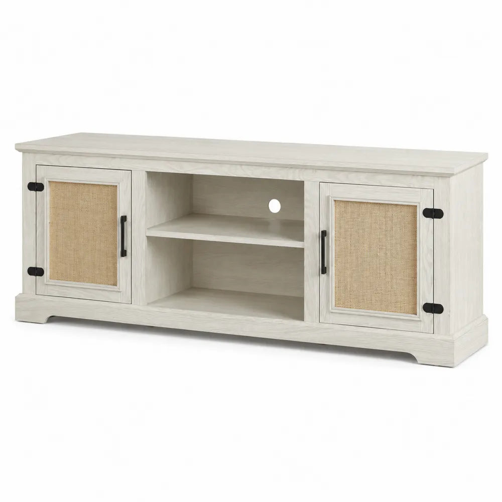 Mobile TV in legno di quercia con ante in rattan 140x40x50 cm