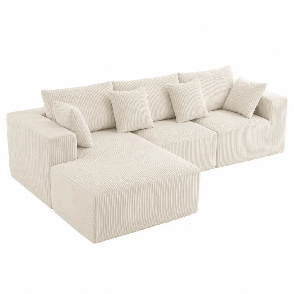 Divano angolare modulare in tessuto a coste beige con chaise longue