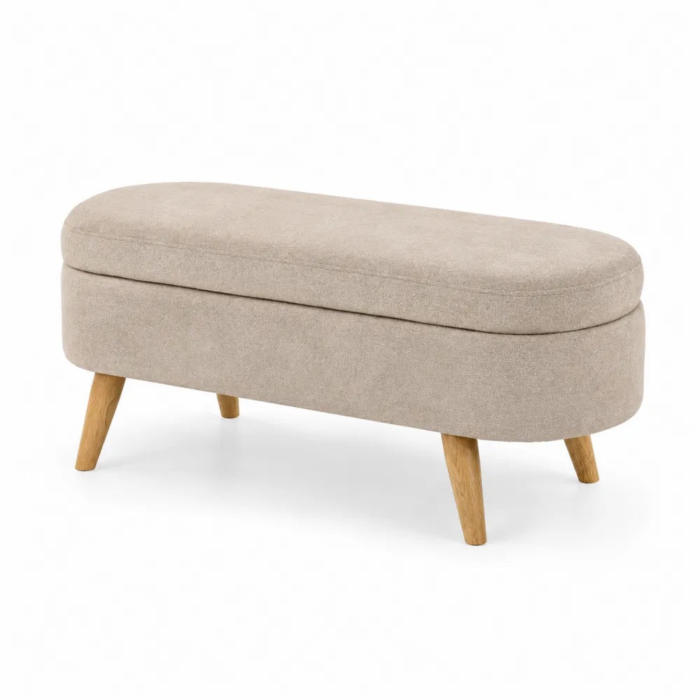 Panca ovale in poliestere beige con gambe in legno