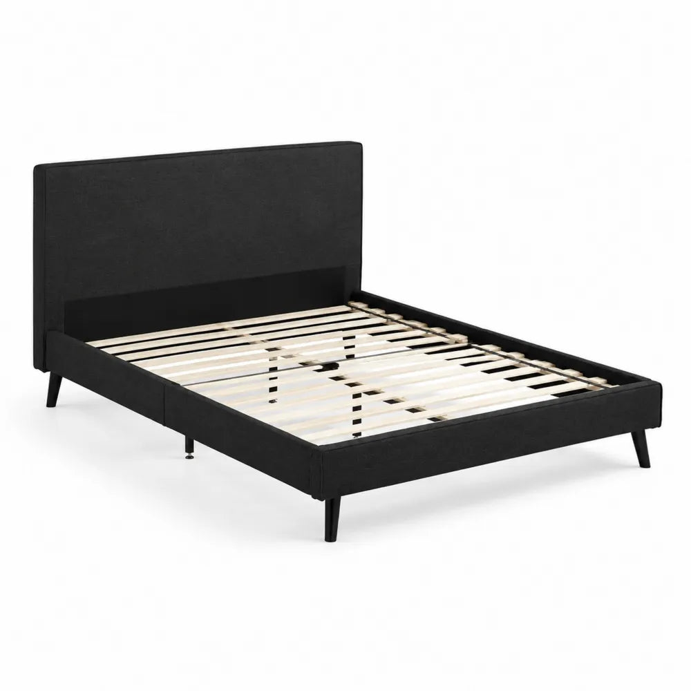 Letto matrimoniale in tessuto nero con doghe in legno 200x160 cm