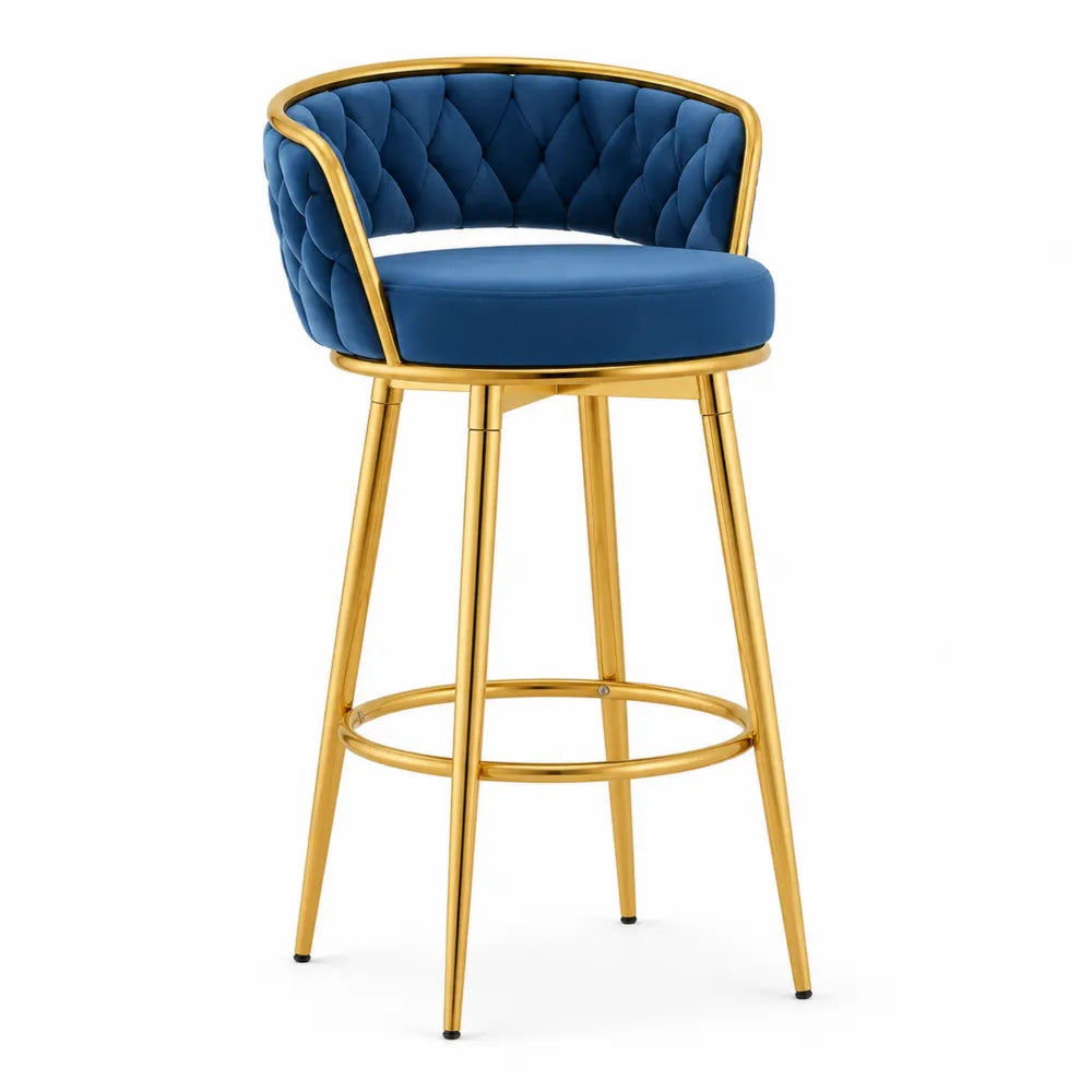 Sgabello da bar in velluto blu con struttura in acciaio