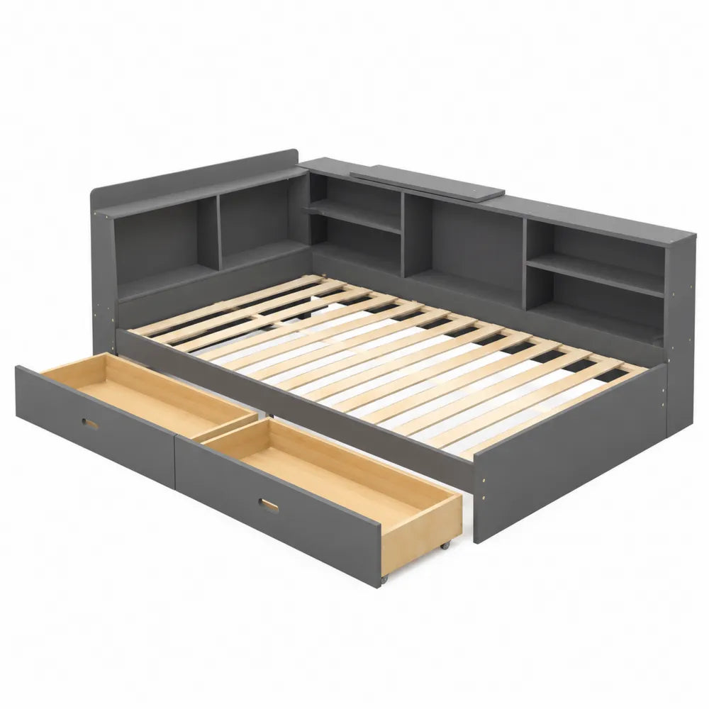 Letto matrimoniale in legno con libreria e cassetti 200x150 cm