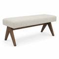 Panca rettangolare in tessuto beige con gambe in legno