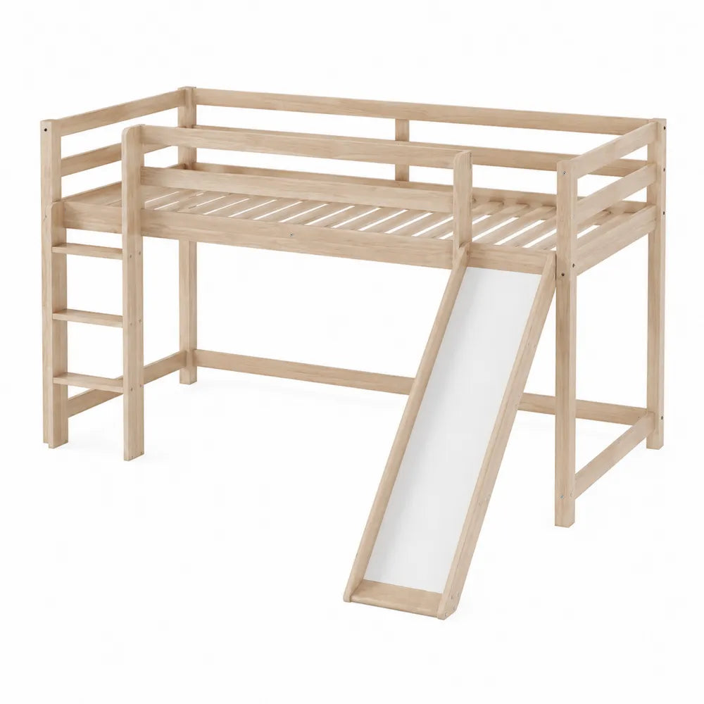 Letto a soppalco in legno massello con scivolo