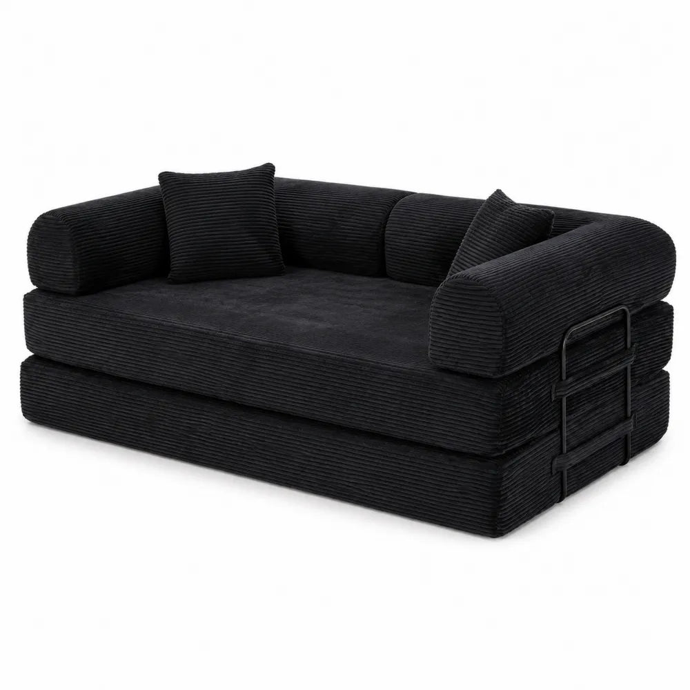 Divano Letto Pieghevole in Tessuto a Coste Nero