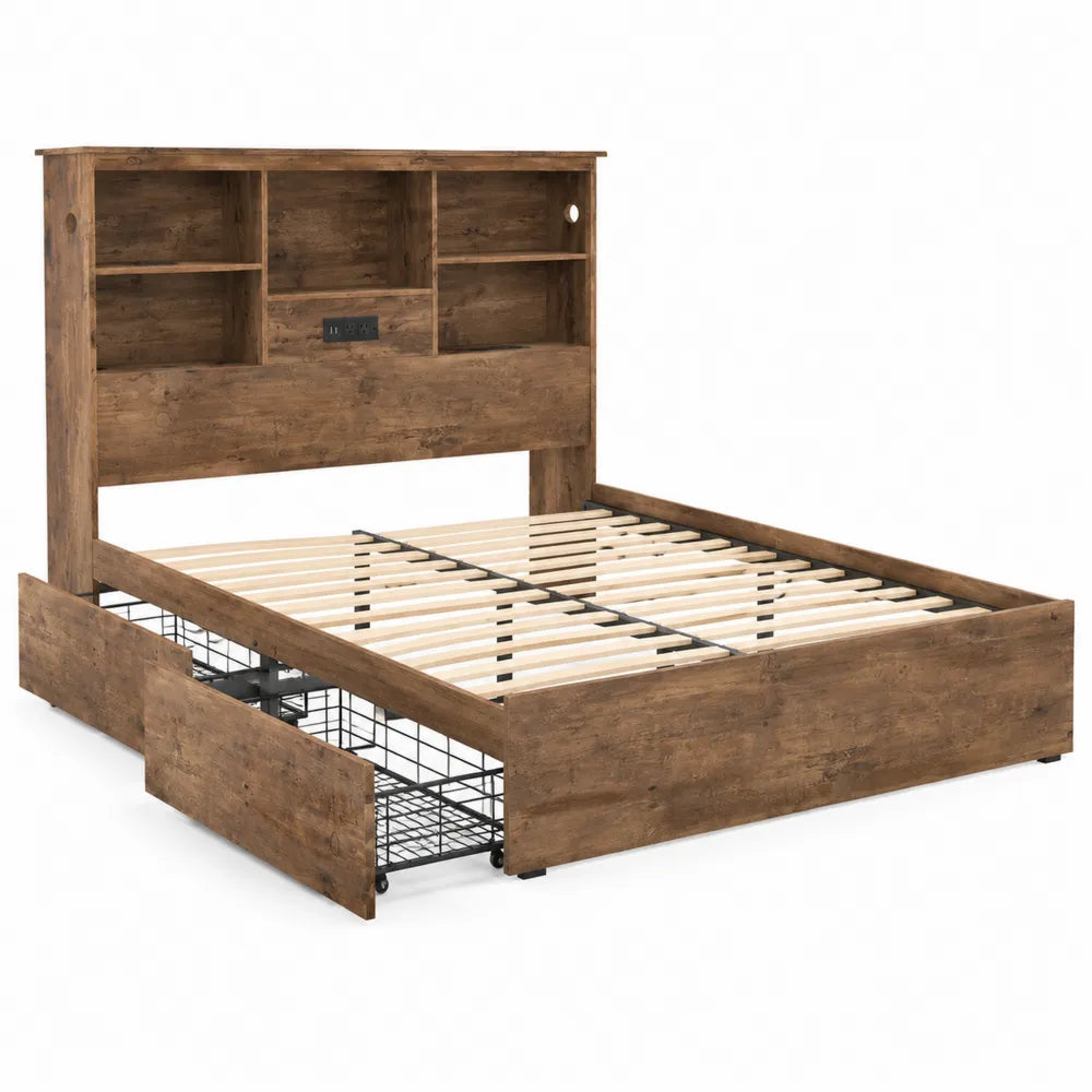 Letto matrimoniale con testiera libreria e cassetti in legno MDF Marrone